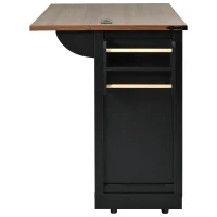 Farmhouse Kitchen Island with 2 Sliding Barn Doors, Power Outlet, Drop Leaf, Spice Rack, Utility Cart on Wheels, 54" L x 29" W x 37" H, Black(m-16)