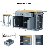 Kitchen Island with 2 Bar Stools, Power Outlet, Internal Racks, 5 Wheels, Drop Leaf, Adjustable Shelves, 53" L x 29.5" W x 36.5" H, Gray+Blue(m-3)