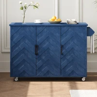 Farmhouse Kitchen Island with Drop Leaf, Rolling Cart on Wheels, 3D Wave Stripes Ash Veneer, Internal Rack, Adjustable Shelves, Navy Blue(m-1)
