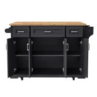 Kitchen Island Cart with Rubber Wood Drop Leaf, Embossed Texture, Rolling Cart with 4 Doors, 3 Drawers, Adjustable Shelves, Black(m-15)