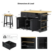 Kitchen Island with 2 Bar Stools, Power Outlet, Internal Rack, 5 Wheels, Drop Leaf, Adjustable Shelves, 2 Drawers, 48" L x 29.5" W x 37" H, Black(m-3)