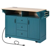Kitchen Island Cart with Dual Drop Leaf, Rolling Design with Power Outlet, Adjustable Shelves, Spice and Towel Rack, 56" L x 34" W x 36.5" H, Green(m-15)
