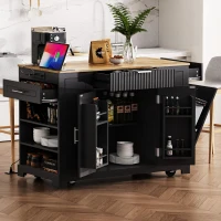 Fluted Kitchen Island with Trash Can Storage, Power Outlet, Internal Storage Rack, Rolling Design with 3 Drawers and Adjustable Shelves, Black(m-11)