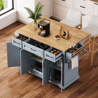Kitchen Island Cart with Rubber Wood Drop Leaf, Embossed Texture, Adjustable Shelves, Hidden Wheels, 3 Drawers, 54" L x 29.5" W x 36" H, Grey+Blue(m-13)