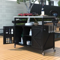 Outdoor Kitchen Island Cart, Rolling Bar Cart with Stainless Steel Top, Spice Rack, Towel Rack, Lockable Wheels, 50" L x 18.5" W x 36.5" H, Black(m-8)