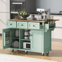 Kitchen Island Cart with 3 Drawers, 5 Wheels, Rubber Wood Drop-Leaf Countertop, Storage Cabinet, 53" L x 29.5" W x 37" H, Mint Green(m-9)