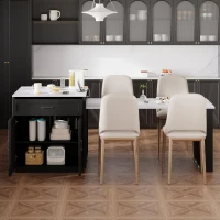 Kitchen Island with Extendable Dining Table for 4-6, Faux Marble Top, Double-Sided Storage, Power Outlet, 2 Drawers, 2 Side Open Shelves, Black(m-12)