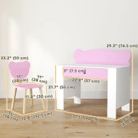 Qaba Kids Desk and Chair Set with Drawer for Drawing, Reading, Bear Theme Children Furniture for Bedroom, Daycare, Pink(m-3)