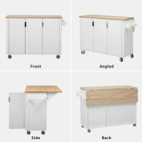 Fluted Kitchen Island with Drop Leaf, Internal Storage Rack, Rolling Kitchen Cart with Towel Rack, Adjustable Shelves, Smooth Curved Edge, White(m-6)