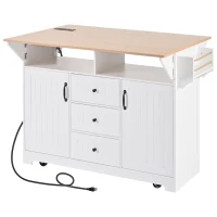 Kitchen Island Cart with Dual Drop Leaf, Power Outlet, Adjustable Shelves, Spice and Towel Rack, 3 Drawers, 56" L x 34" W x 36.5" H, White(m-2)