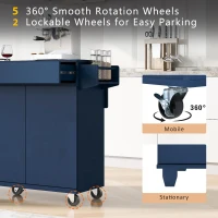 Kitchen Island with Drop Leaf, Rolling Cart with Spice and Towel Rack, 2 Drawers, Adjustable Shelves, 53.5" L x 27.5" W x 36.5" H, Navy Blue(m-5)