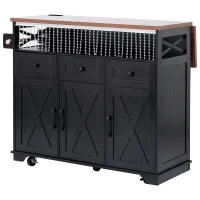 Farmhouse Kitchen Island Cart with Beaded Drape, Power Outlet, Drop Leaf, Adjustable Shelves, Perfect for Kitchen and Dining Room, Black(m-14)