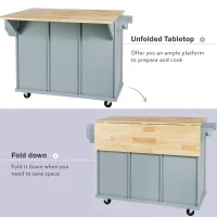 Kitchen Cart with Wood Drop-Leaf Countertop, Internal Storage Racks, Utility Island with Cabinets and Drawers, 53" L x 29.5" W x 37" H, Blue(m-7)