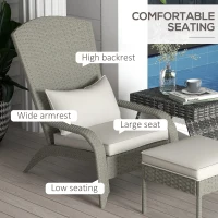 Outsunny Wicker Adirondack Chair with Ottoman, Patio Cushioned Muskoka Chair, Outdoor Fire Pit Chair with High-back and Armrests, for Deck, Garden, Backyard, Grey/Cream White(m-5)