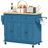 HOMCOM Kitchen Island with Storage, Rolling Trolley Cart with Rubber Wood Top, Spice Rack, Towel Rack, Blue(m-11)