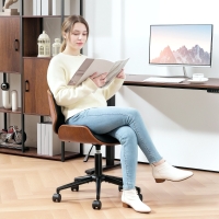 HOMCOM Mid-Century Modern Office Chair No Arms with Wheels, Small Computer Desk Chair with PU Leather Upholstery, Bentwood