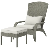 Outsunny Wicker Adirondack Chair with Ottoman, Patio Cushioned Muskoka Chair, Outdoor Fire Pit Chair with High-back and Armrests, for Deck, Garden, Backyard, Grey/Cream White(m-2)