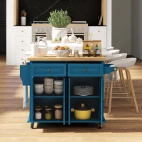 HOMCOM Kitchen Island with Storage, Rolling Trolley Cart with Rubber Wood Top, Spice Rack, Towel Rack, Blue(m-9)