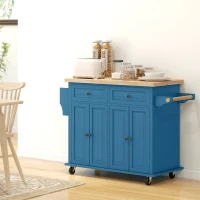 HOMCOM Kitchen Island with Storage, Rolling Trolley Cart with Rubber Wood Top, Spice Rack, Towel Rack, Blue(m-8)