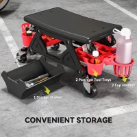 HOMCOM Rolling Garage Stool with Wheels, 300 LBS Capacity Padded Mechanic Stool with Tool Trays Storage, Black(m-7)