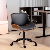 HOMCOM Mid-Century Modern Office Chair No Arms with Wheels, Small Computer Desk Chair with PU Leather Upholstery, Bentwood(m-8)