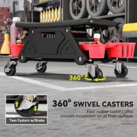 HOMCOM Rolling Garage Stool with Wheels, 300 LBS Capacity Padded Mechanic Stool with Tool Trays Storage, Black(m-6)