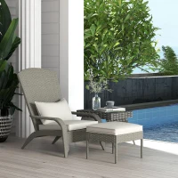 Outsunny Wicker Adirondack Chair with Ottoman, Patio Cushioned Muskoka Chair, Outdoor Fire Pit Chair with High-back and Armrests, for Deck, Garden, Backyard, Grey/Cream White(m-8)