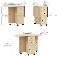 HOMCOM Drop Leaf Dining Table, Mobile Folding Table on Wheels with Drawers and Cabinet for Dining Room, Kitchen, Natural Wood(m-3)