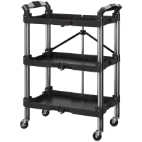 HOMCOM 3-Tier Collapsible Tool Cart with Wheels, 150 LBS Capacity Folding Utility Cart with Handles for Garage Workshop, Black(m-2)
