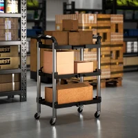 HOMCOM 3-Tier Collapsible Tool Cart with Wheels, 150 LBS Capacity Folding Utility Cart with Handles for Garage Workshop, Black(m-10)