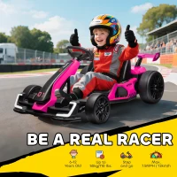 Aosom 24V Electric Go Kart, Battery Powered Kids Drift Kart with Adjustable Seat, Seat Belt, Horn, Music, Light, Pink(m-4)