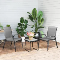 Outsunny Outdoor Bistro Set of 3, 3-Piece Patio Set with Breathable Mesh Fabric, Stackable Chairs and Square Table, Light Grey(m-9)