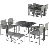 Outsunny 9 Pieces Wicker Patio Dining Set with 4 Armchairs, 4 Stools, Tempered Glass Top, Removable Cushions, Light Grey(m-2)