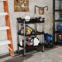 HOMCOM 3-Tier Collapsible Tool Cart with Wheels, 150 LBS Capacity Folding Utility Cart with Handles for Garage Workshop, Black(m-1)