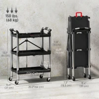 HOMCOM 3-Tier Collapsible Tool Cart with Wheels, 150 LBS Capacity Folding Utility Cart with Handles for Garage Workshop, Black(m-3)
