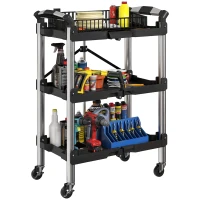 HOMCOM 3-Tier Collapsible Tool Cart with Wheels, 150 LBS Capacity Folding Utility Cart with Handles for Garage Workshop, Black(m-11)