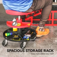 HOMCOM Rolling Garage Stool, 300 LBS Capacity Mechanic Stool with 2.5" Wheels, Tool Trays Storage, Adjustable Height, Red(m-9)