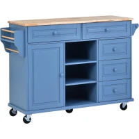 Rolling Kitchen Island Cart with 5 Drawers, Rubber Wood Top, Adjustable Shelves, Utility Island with Lockable Wheels, 53" L x 18" W x 36" H, Blue(m-13)