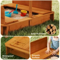 Outsunny Wooden Kids Sandbox with Cover, Children Outdoor Sand Box with Foldable Bench Seats and Adjustable Canopy, Brown(m-9)