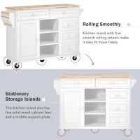 Mobile Kitchen Cart with 5 Drawers, Adjustable Shelves, Lockable Wheels, Rolling Cooking Island with Wooden Top, 53" L x 18" W x 36" H, White(m-8)
