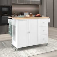 Kitchen Island with Wood Top, Locking Wheels, Racks and Drawers, Central Island with Drop Leaf Breakfast Bar, 53" L x 29.5" W x 37" H, White