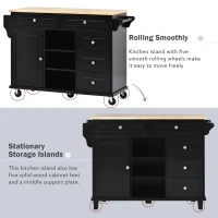 Rolling Kitchen Cart with 5 Drawers, Rubber Wood Top, Adjustable Shelves, Central Island with Lockable Wheels, 53" L x 18" W x 36" H, Black(m-8)