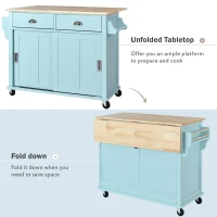 Rolling Kitchen Island with Drop-Leaf Countertop, Sliding Door, Adjustable Shelves, Cabinet and Drawers, 52" L x 30.5" W x 36.5" H, Mint Green(m-5)