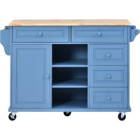 Rolling Kitchen Island Cart with 5 Drawers, Rubber Wood Top, Adjustable Shelves, Utility Island with Lockable Wheels, 53" L x 18" W x 36" H, Blue(m-2)