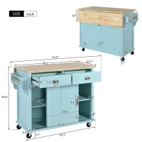 Rolling Kitchen Island with Drop-Leaf Countertop, Sliding Door, Adjustable Shelves, Cabinet and Drawers, 52" L x 30.5" W x 36.5" H, Mint Green(m-3)