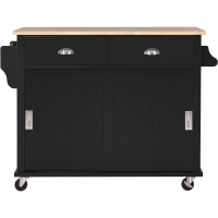 Adjustable Kitchen Cart with 4 Wheels, Sliding Doors, Cabinet and Drawers, Utility Island with Drop-Leaf Tabletop, 52" L x 30.5" W x 36.5" H, Black
