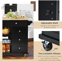 Rolling Kitchen Cart with 5 Drawers, Rubber Wood Top, Adjustable Shelves, Central Island with Lockable Wheels, 53" L x 18" W x 36" H, Black(m-5)