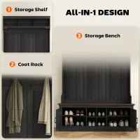 HOMCOM 3-in-1 Hall Tree with Shoe Storage, Coat Rack with Bench, Entryway Furniture with Hooks, Black Wood Grain(m-4)