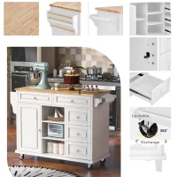 Mobile Kitchen Cart with 5 Drawers, Adjustable Shelves, Lockable Wheels, Rolling Cooking Island with Wooden Top, 53" L x 18" W x 36" H, White(m-7)