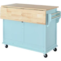Rolling Kitchen Island with Drop-Leaf Countertop, Sliding Door, Adjustable Shelves, Cabinet and Drawers, 52" L x 30.5" W x 36.5" H, Mint Green(m-15)